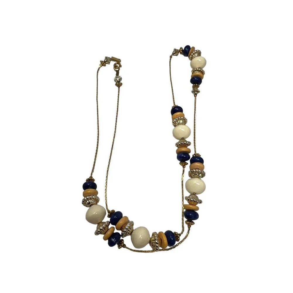 Beaded‎ Necklace Gold Tone Chain Blue White Blue Yellow Beads